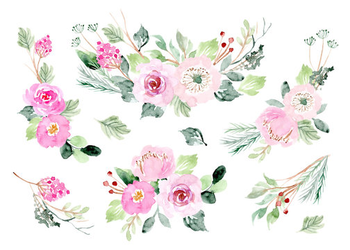 pink floral arrangement watercolor collection © wulano