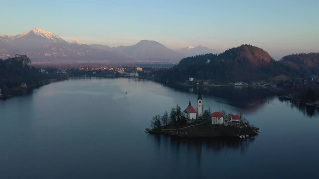 Bled lake aerial view panorama in winter season