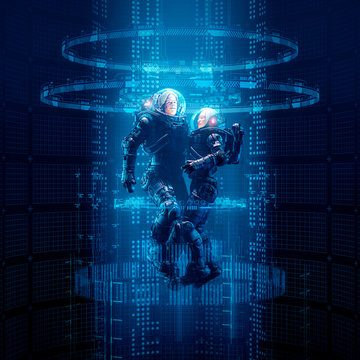 Virtual data portal astronauts / 3D illustration of science fiction male and female astronaut travelling through glowing virtual reality code