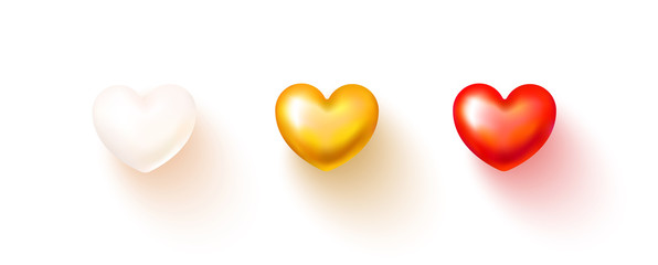 Set of realistic hearts isolated on transparent background.White, red and gold 3D heart with shadow.Vector illustration