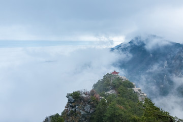 traditional pavilion on misty valley