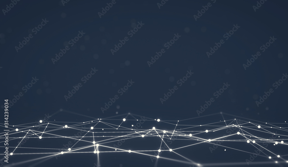 Poster abstract futuristic web with glowing neon light and grid line pattern on dark background. technology