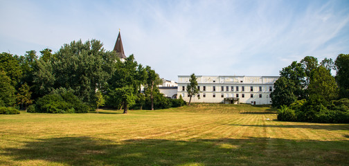 Fototapeta na wymiar Park Bozeny Nemcove public park with Frystat chateau in Karvina city in Czech republic