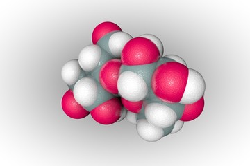 Space-filling molecular model of cellobiose. Atoms are represented as spheres with conventional color coding: carbon (grey), oxygen (red), hydrogen (white). Scientific background. 3d illustration