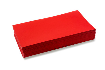 Stacked red empty envelopes on white background