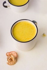 golden milk on a white background. traditional indian drink. vertical image