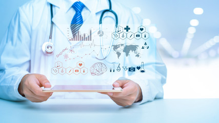 Close up of Doctor is showing medical analytics data, Medical technology concept