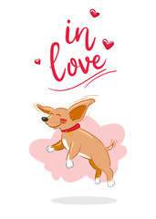 Saint Valentine's day card with cute brown dog with big ears flying in love mood. Lettering, rose hearts and pink cloud on white background. Vector illustration.  