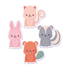 kawaii rabbit beaver skunk and cat cartoon vector design