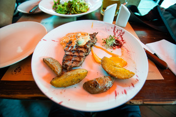 Lviv, Ukraine - June, 2019. Ukrainian food restaurant food morning breakfast in Lviv