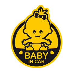 Vector yellow circle sign with baby girl and text - Baby in car. Isolated white background.