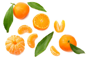 mandarin with slices and green leaves isolated on white background top view