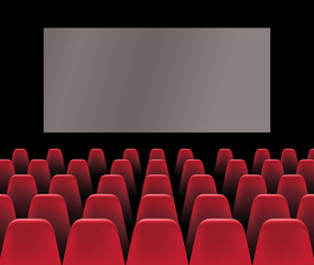 Movie cinema premiere poster design with white screen and rows of red chairs in the darkness.