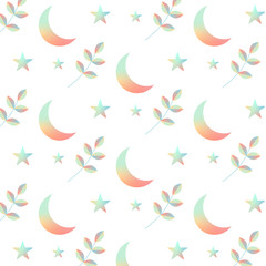 pastel cute seamless pattern with moon, stars and foliage for kids room
