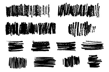 Vector set of freehand strokes. Spots handwriting element for background. Black traces of graphite.
