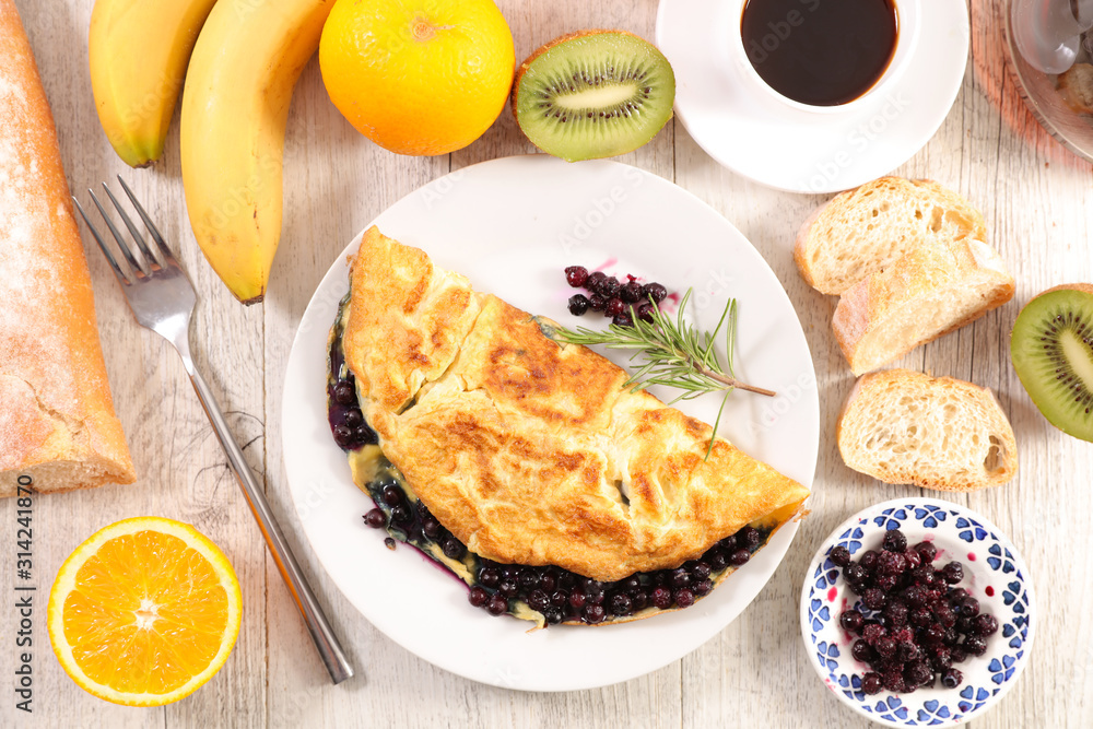 Canvas Prints omelet with blueberries, fruit and coffee cup