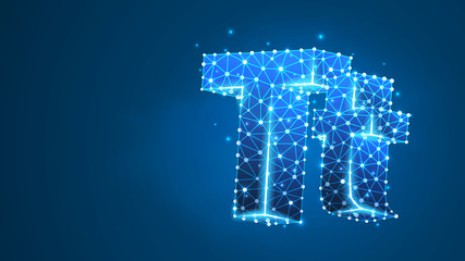 Alphabet letter T. Design of an Uppercase and lowercase english letters. Banner, template or a pattern. Abstract digital wireframe, low poly mesh, Raster blue neon 3d illustration. Triangle, line, dot