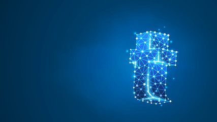 Alphabet letter T. Design of a lowercase english letter. Banner, template or a pattern. Abstract digital wireframe, low poly mesh, Raster blue neon 3d illustration. Triangle, line, dot