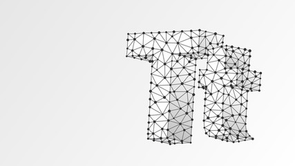 Alphabet letter T. Abstract digital wireframe, low poly mesh, Raster white origami 3d illustration. Design of an Uppercase and lowercase english letters. Banner, template or a pattern. Line, dot