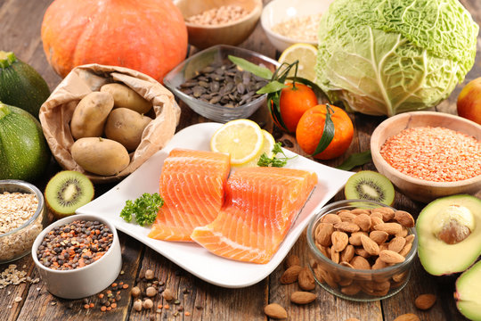 health food assortment- salmon, fruit and vegetable