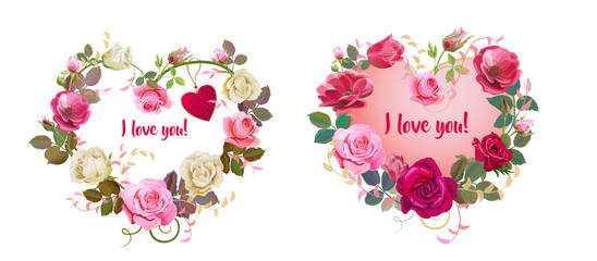 Hearts of flowers. Valentine's Day card. Red, pink, white roses, purple anemones, green twigs, buds, leaves on white background. Digital draw, concept for design in watercolor style, vector