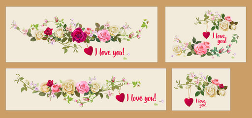 Set of Valentine's Day cards: bouquet white, pink, red roses, spring blossom. Horizontal rectangular template: red heart, flowers, leaves, white background, vintage watercolor style, vector
