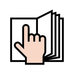 Open book with hand pointing vector illustration, filled style icon