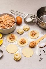 Fish dumplings. Ingredients for home cooking. Fresh dough, fish, spices, cooking equipment. Stone concrete background