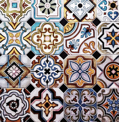 Retro ceramic tiles with ornaments for wall and floor decoration. Concrete stone surface background. Texture with patterns for interior design project.