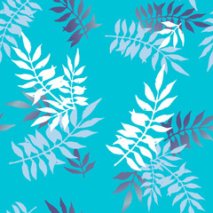 seamless pattern with  stylized white and gray branches leaves isolated on blue background