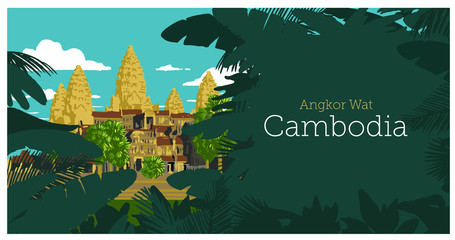 Famous Landmark of Cambodia, Angkor Wat. Vector illustration. Siem Reap, Cambodia.