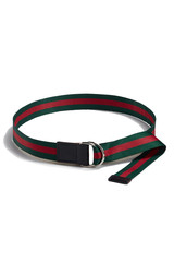 Subject shot of a striped green and red canvas belt with black leather trim and decorated with a steel D-rings buckle. The stylish belt is isolated on the white background.