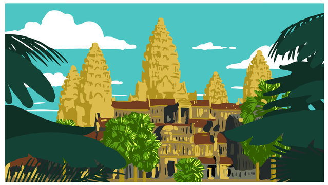 Famous Landmark of Cambodia, Angkor Wat. Vector illustration. Siem Reap, Cambodia.