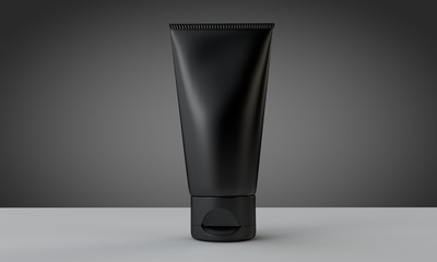 Black cosmetics tube against a grey background. 3D Rendering
