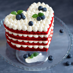 Sweet heart. Red velvet cake in heart shape. Bakery, confectionery concept for St. Valentins Day