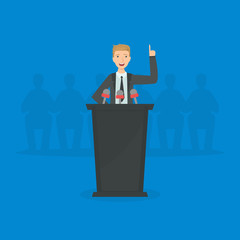 Politician Standing Behind Rostrum and Giving Speech, Male Public Speaker Character at Political Debates Vector illustration
