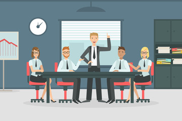 Business Meeting and Teamwork, Office People Exchanging Ideas, Businessman Speaking Before His Colleagues Vector illustration