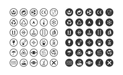 Collections of basic informational signs for labeling on cardboard boxes. Logistics icons for products, labels, containers. Commodity and manipulation symbols. Pictogram in flat style.