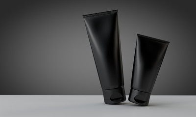 Black cosmetics tube against a grey background. 3D Rendering