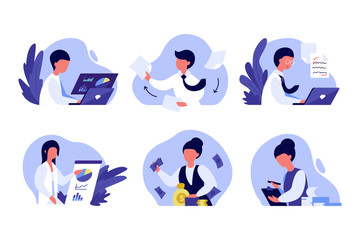 Set of illustrated scenes with various professions. Activities related to analytics and data processing. Search engine optimization specialist, office manager, text editor, financial director, auditor