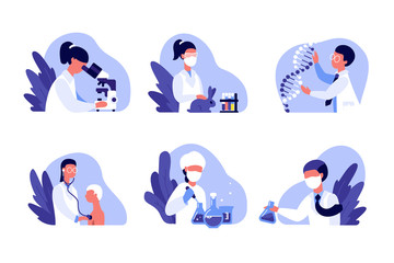 Set of medical vector illustrations. Scenes with doctors and scientists. Laboratory, microscope and beakers, DNA research, therapist listens to the patient's heart with a stethoscope, animal testing
