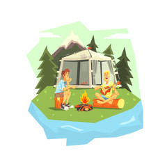 Male Tourists Camping, Two Men Sitting Near Bonfire Roasting Marshmallows and Playing Guitar Vector illustration