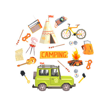 Camping Banner Template with Scouting and Hiking Equipment of Round Shape Vector Illustration