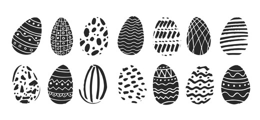 Set of black and white Easter eggs drawn by hand in Scandinavian style on a white background. Decorative elements for postcards, posters, invitations to the spring holiday. Cute vector illustration.
