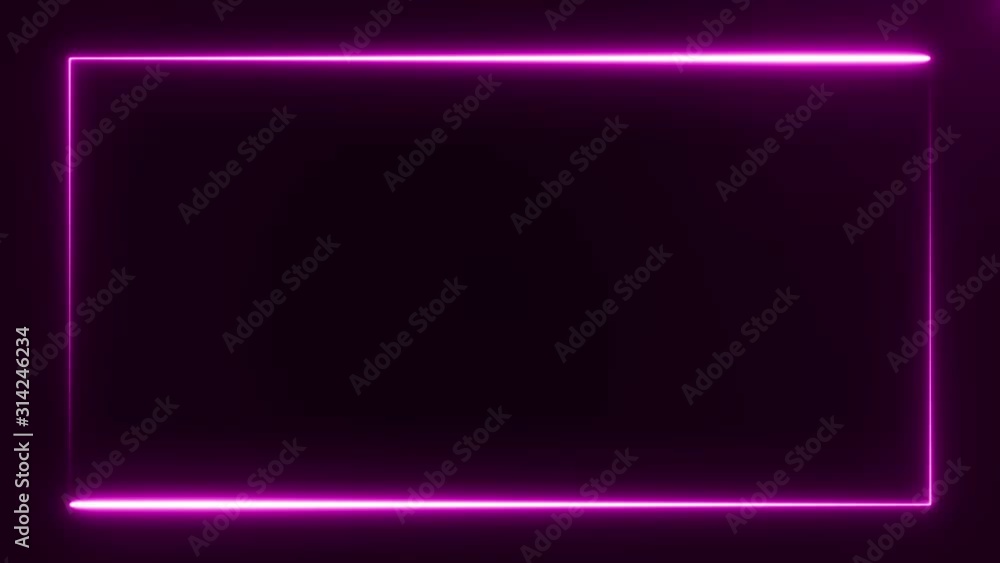 Poster abstract rectangle neon frame consisting of two moving lines in purple color on black background, 3d