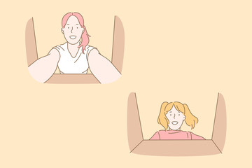 Holiday, gift, delivery, family set concept. Young, careful,attentive mother puts holidays gift in box. A daughter finds parcel with surprise inside. Family holidays bring joy. Simple flat vector