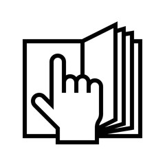Open book with hand pointing vector illustration, line style icon