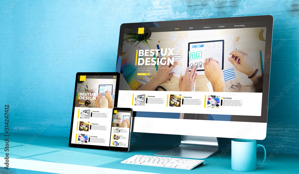 Wall mural responsive devices with ux design website home on blue studio