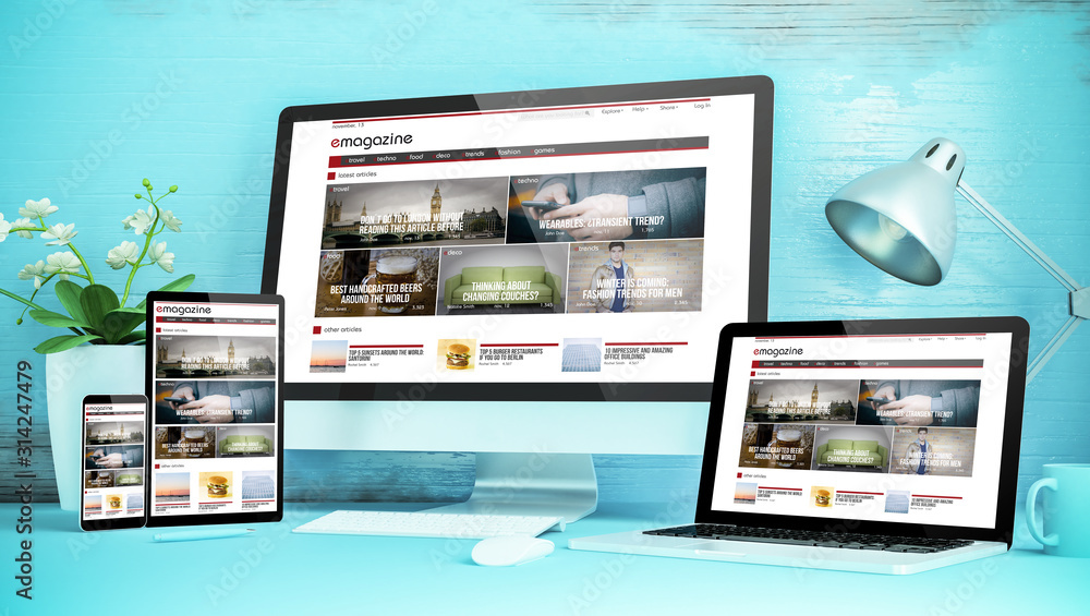 Wall mural blue responsive desktop with devices showing responsive magazine website