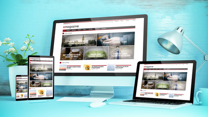 blue responsive desktop with devices showing responsive magazine website